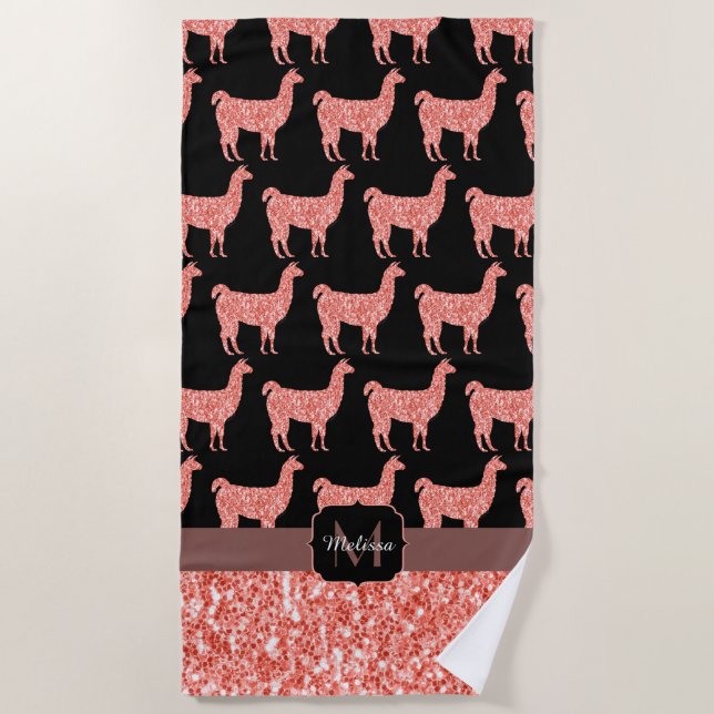 Llama pink coral glitter Sparkles pattern Monogram Beach Towel (Front)