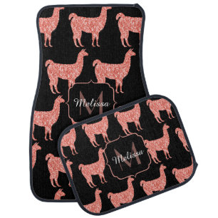 Llama pink coral glitter Sparkles pattern Monogram Car Floor Mat