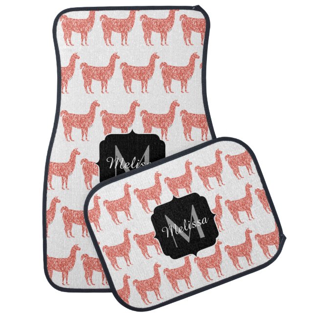 Llama pink coral glitter Sparkles pattern Monogram Car Floor Mat (Set)