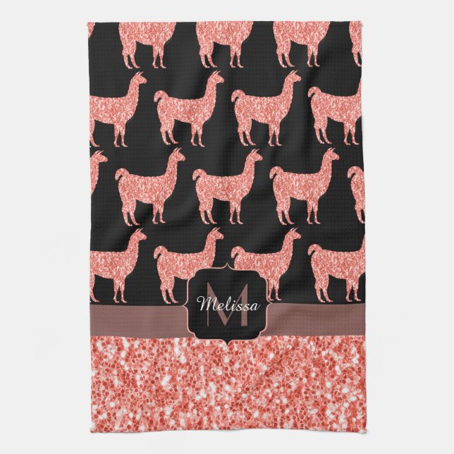 Llama pink coral glitter Sparkles pattern Monogram Kitchen Towel (Vertical)