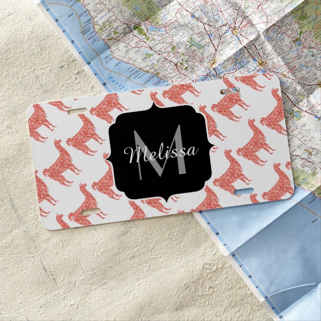 Llama pink coral glitter Sparkles pattern Monogram License Plate (In Situ)