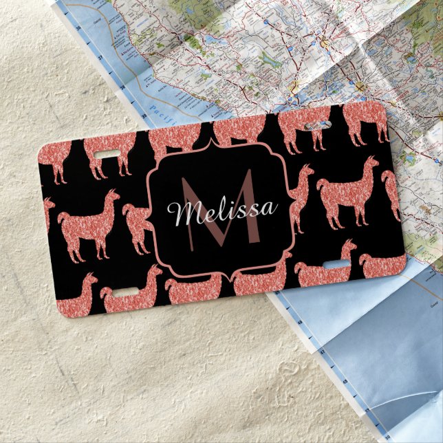 Llama pink coral glitter Sparkles pattern Monogram License Plate (In Situ)
