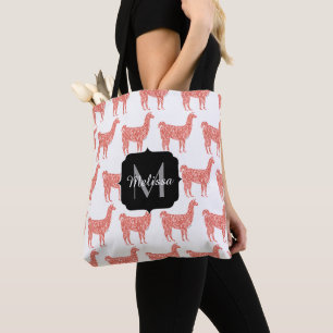 Llama pink coral glitter Sparkles pattern Monogram Tote Bag