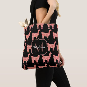 Llama pink coral glitter Sparkles pattern Monogram Tote Bag