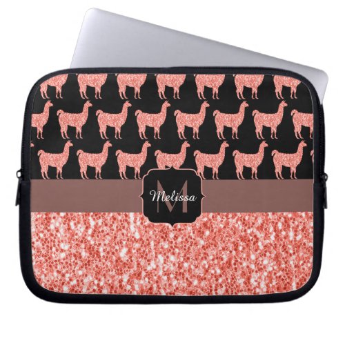 Llama pink coral Sparkles pattern black Monogram Laptop Sleeve