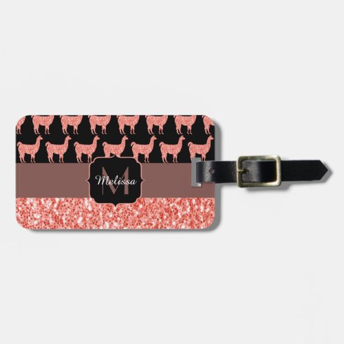 Llama pink coral Sparkles pattern black Monogram Luggage Tag