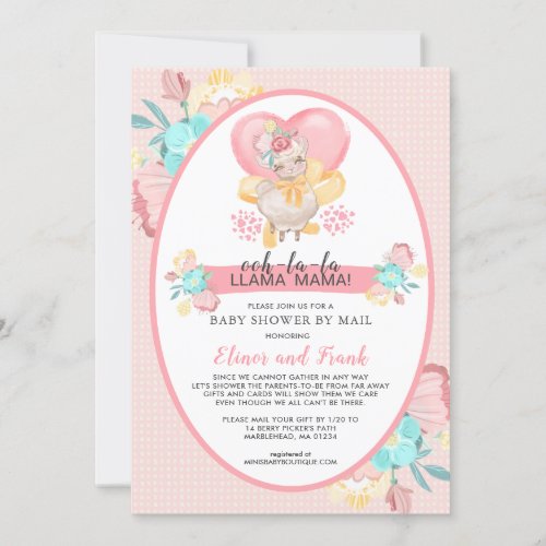 Llama Pink Floral Baby Shower by Mail Invitation