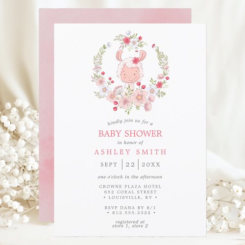 Llama Pink Floral Watercolor Girl Baby Shower Invitation