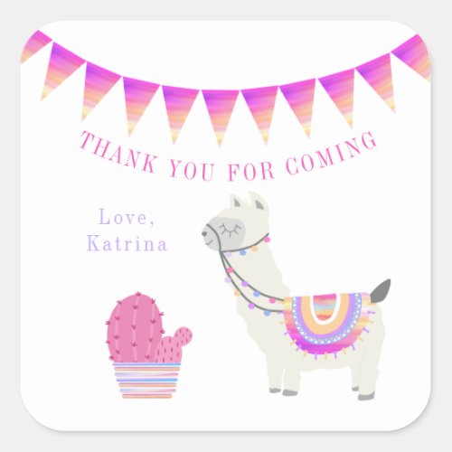 Llama Pink Girls Thank You Birthday Favor Square Sticker