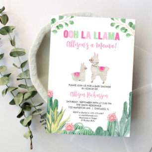 Llama Pink Green Cactus Succulent Girl Baby Shower Invitation