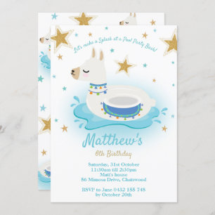 Llama Pool Party Birthday Invitation Boys