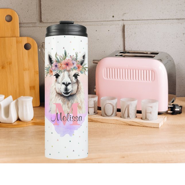 Llama Pretty Farm Animal Monogram Wildflower Thermal Tumbler (Sweet Llama Wildflower Thermal Tumbler boho animal monogram gift)