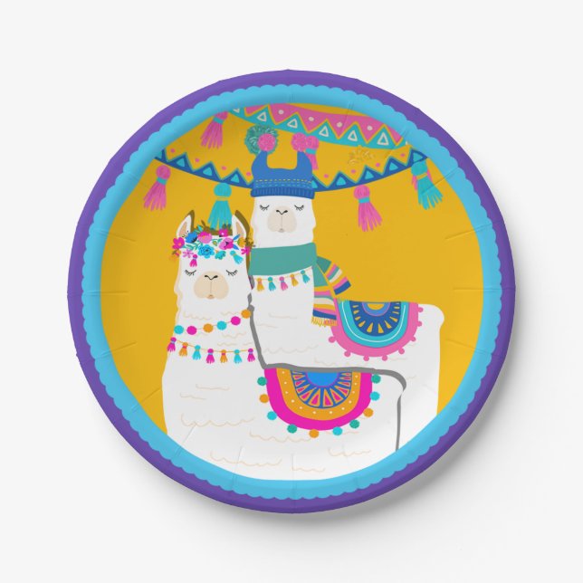 Llama Purple Blue Yellow Colorful Birthday Party Paper Plates (Front)