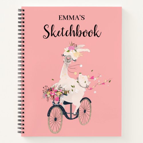 Llama Riding Bicycle Personalized Kids Sketchbook Notebook