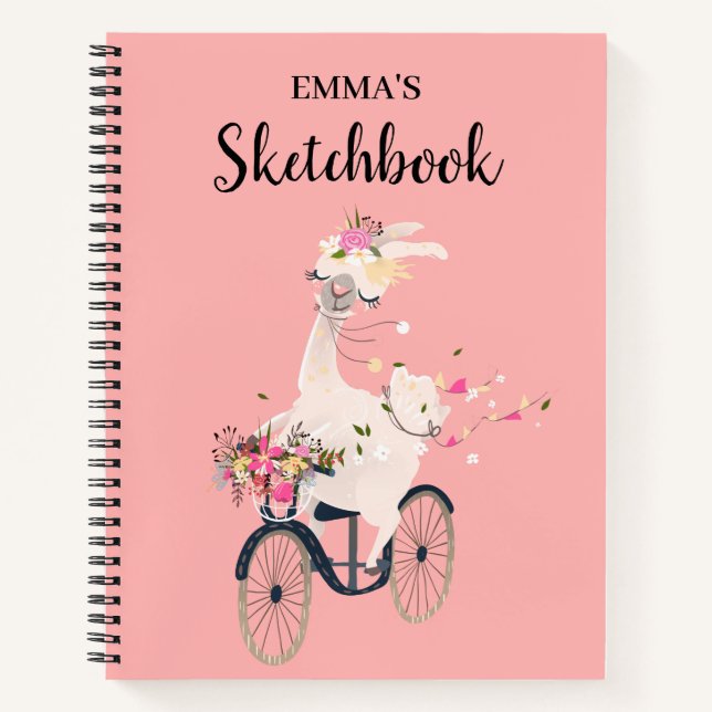 Llama Riding Bicycle Personalized Kids Sketchbook Notebook (Front)