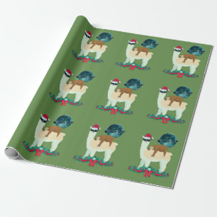 Llama Sloth Christmas Santa's Sleigh Silhouette Wrapping Paper