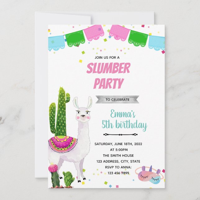 Llama slumber party theme party invitation (Front)