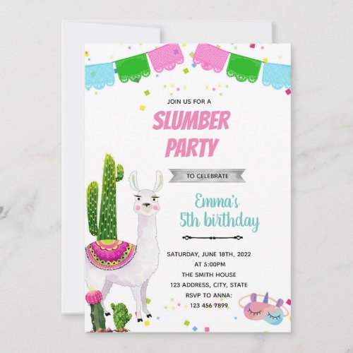 Llama slumber party theme party invitation