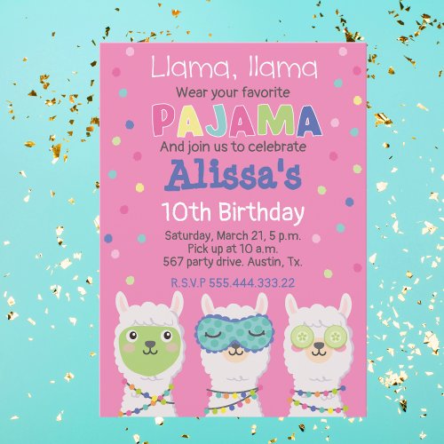 Llama spa party pajama party invitation
