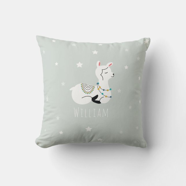 Llama Stars Blue Boy Nursery Throw Pillow (Front)