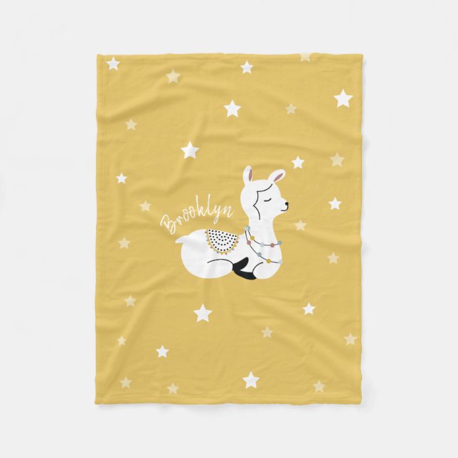 Llama Stars Personalized Yellow Fleece Blanket (Front)