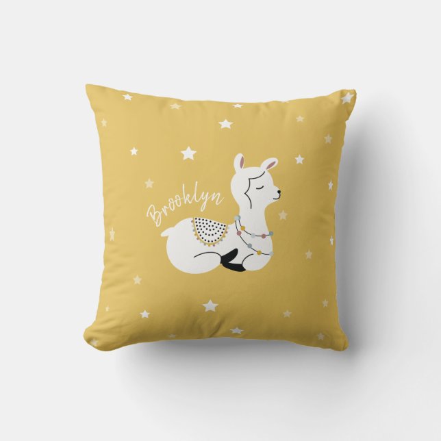 Llama Stars Yellow Girl Nursery Throw Pillow (Front)