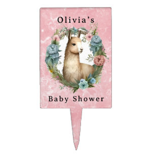 Llama Succulents and Pink Marble Baby Girl Shower Cake Topper