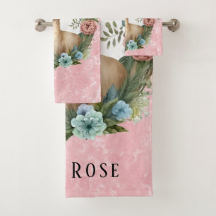 Llama Succulents and Pink Marble Custom Bath Towel Set