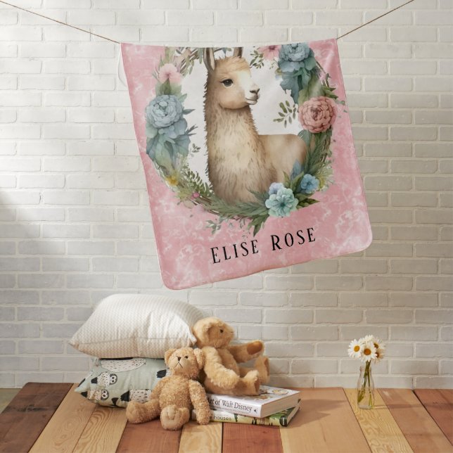 Llama Succulents and Pink Marble Girl Custom Baby Blanket (In Situ)