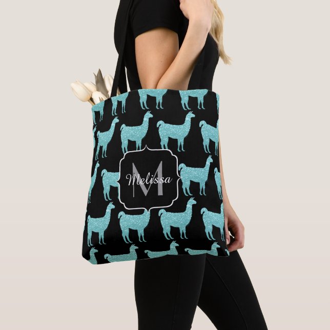 Llama Turquoise glitter Sparkles pattern Monogram Tote Bag (Close Up)