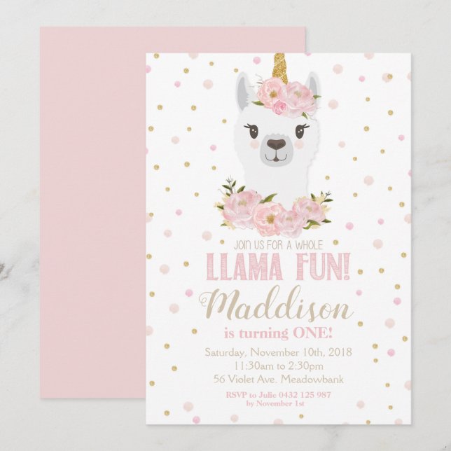 Llama Unicorn Birthday Invitation Blush Floral (Front/Back)