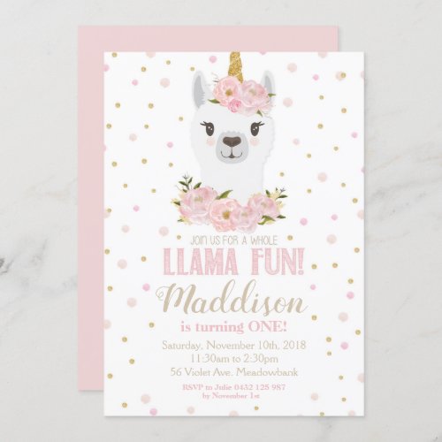 Llama Unicorn Birthday Invitation Blush Floral