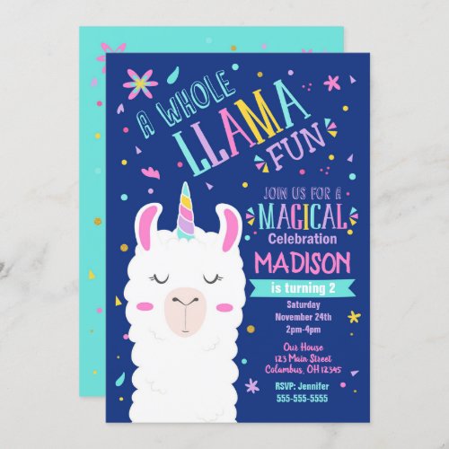 Llama Unicorn Birthday Invitation Magical Party