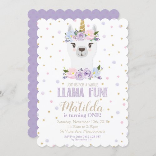 Llama Unicorn Birthday Invitation Purple Floral