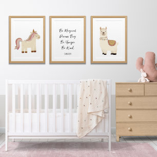 Llama Unicorn Boho Nursery Art, Custom Text Name Wall Art Sets
