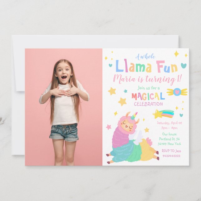 Llama Unicorn Llamacorn Photo Birthday Invitation (Front)