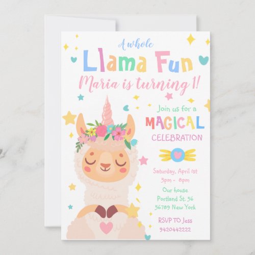 Llama Unicorn Magical Party Birthday Invitation
