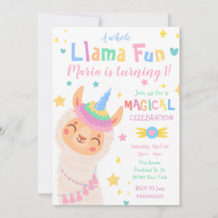 Llama Unicorn Magical Party Birthday Invitation