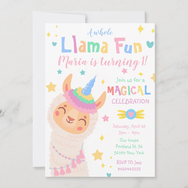 Llama Unicorn Magical Party Birthday Invitation (Front)