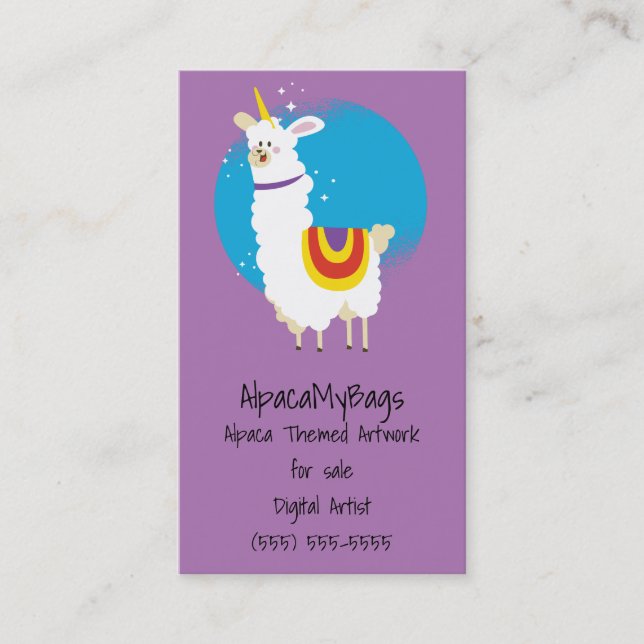 Llama Unicorn on Purple Business Card (Front)