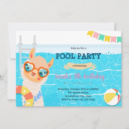 Llama unicorn pool birthday party invitation