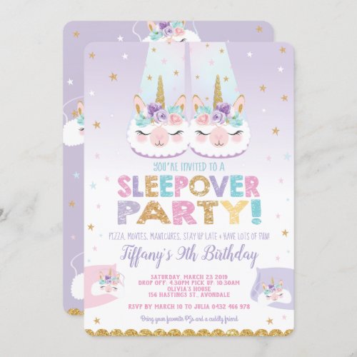 Llama Unicorn Sleepover Birthday Party Slumber Invitation