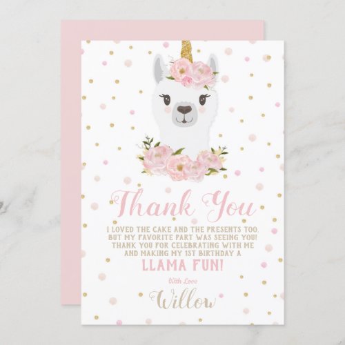 Llama Unicorn Thank You Card Blush Floral Girl