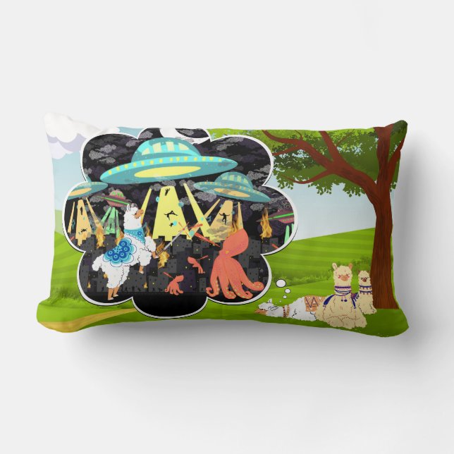Llama vs Evil Squid Epic Space Battle Lumbar Pillow (Front)