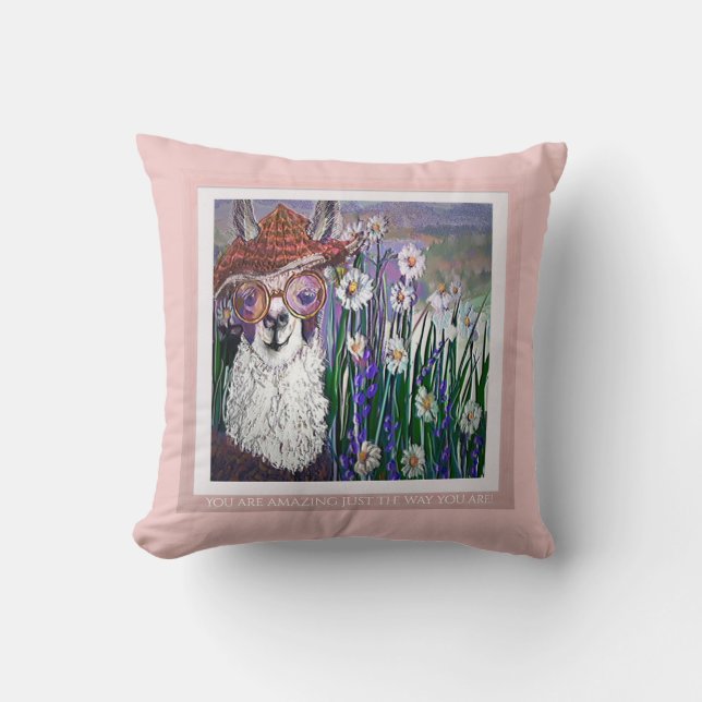 Llama, w/ Cute Hat & Glasses Throw Pillow (Front)