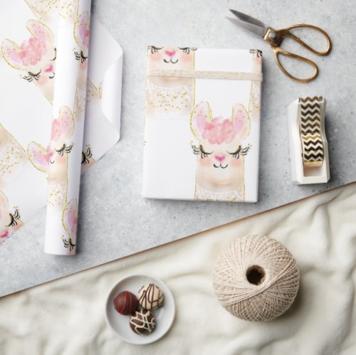 Llama Watercolor Pink Gold Modern Wrapping Paper