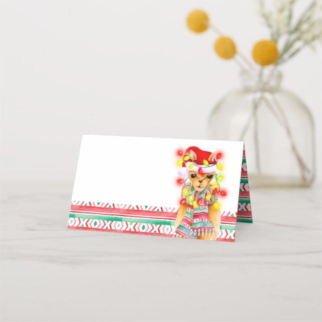 Llama watercolor whimsy christmas holiday place card (Front)