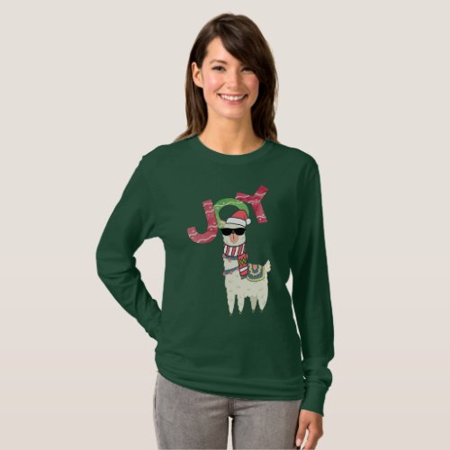 Llama wearing a Santa Hat and Sunglasses Joy T_Shirt