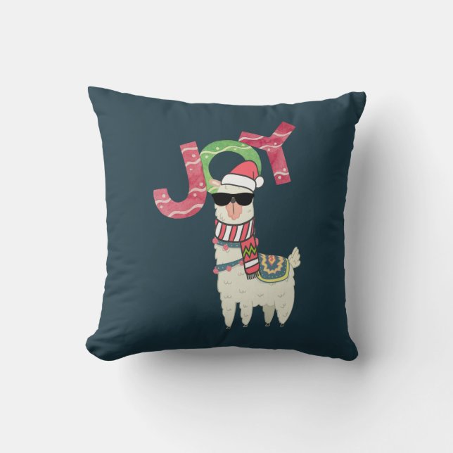 Llama wearing a Santa Hat and Sunglasses Joy Throw Pillow (Front)