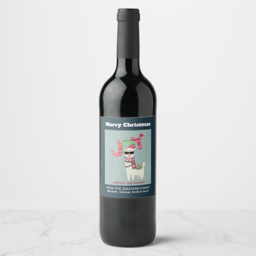 Llama wearing a Santa Hat and Sunglasses Joy Wine Label